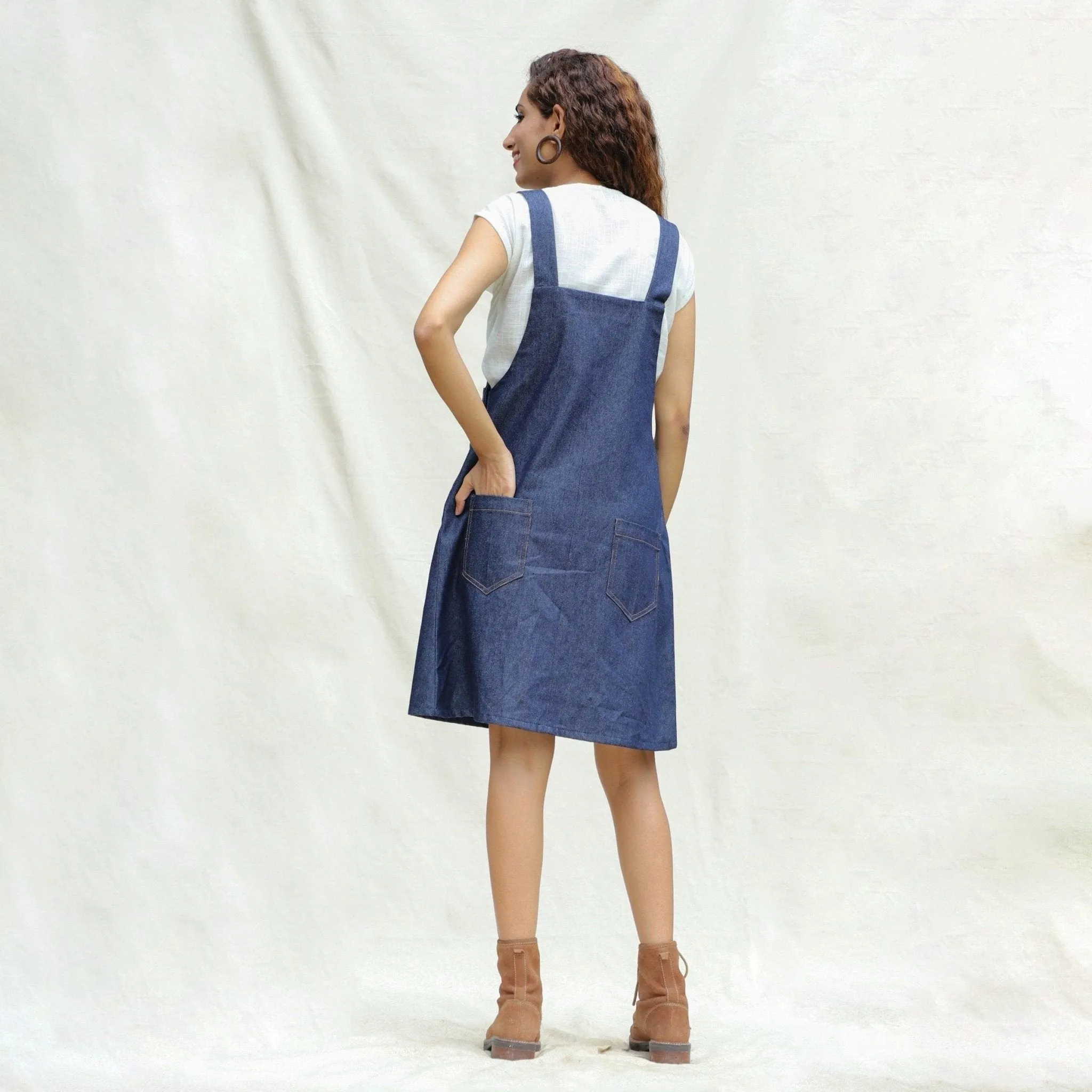 Indigo Cotton Denim Pinafore Knee Length Dress