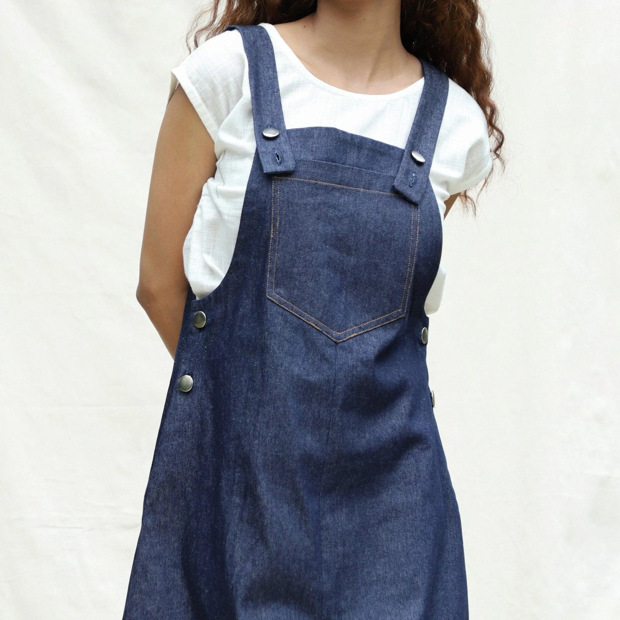 Indigo Cotton Denim Pinafore Knee Length Dress
