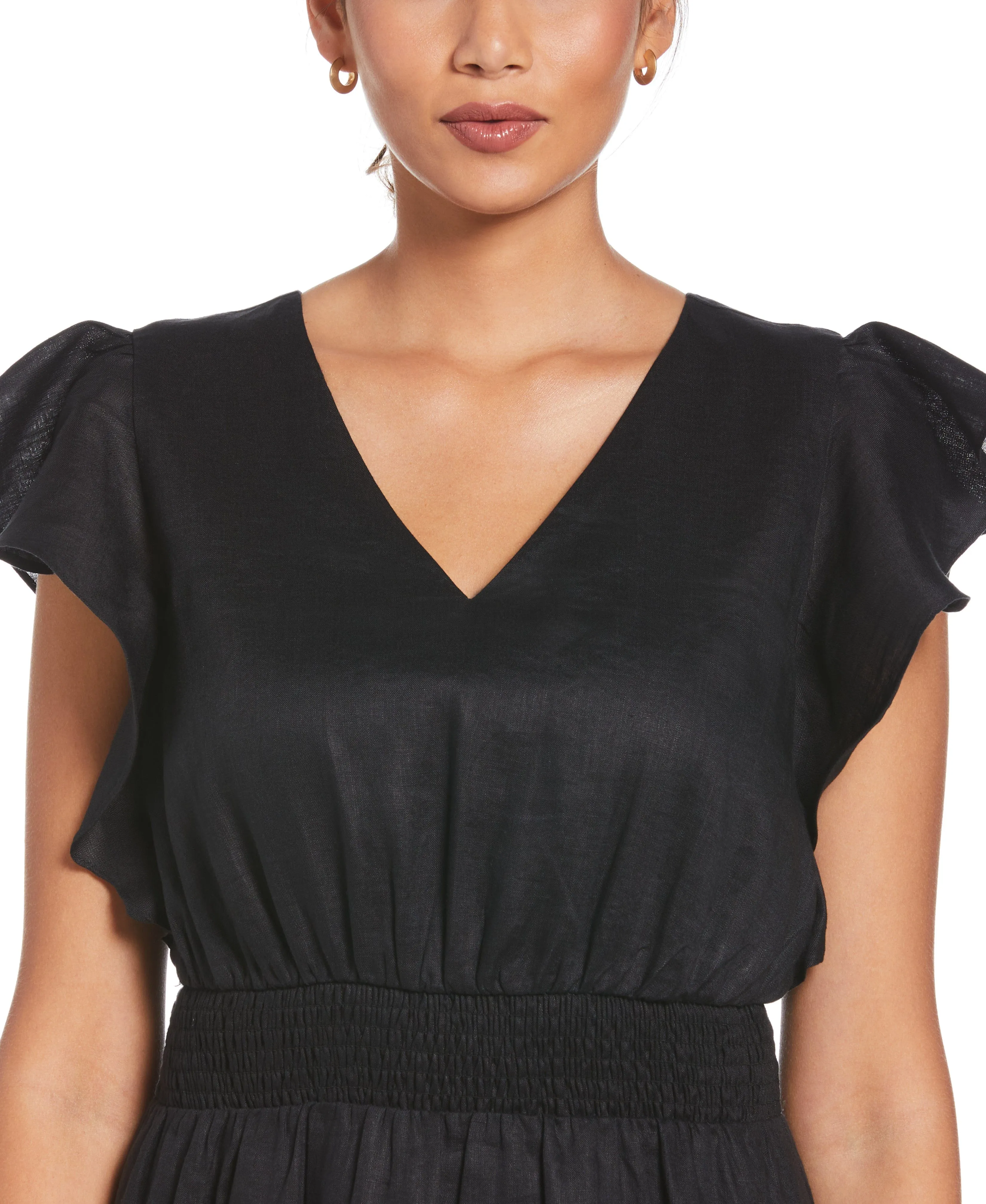 Linen V-Neck Ruffle Sleeve Maxi Dress