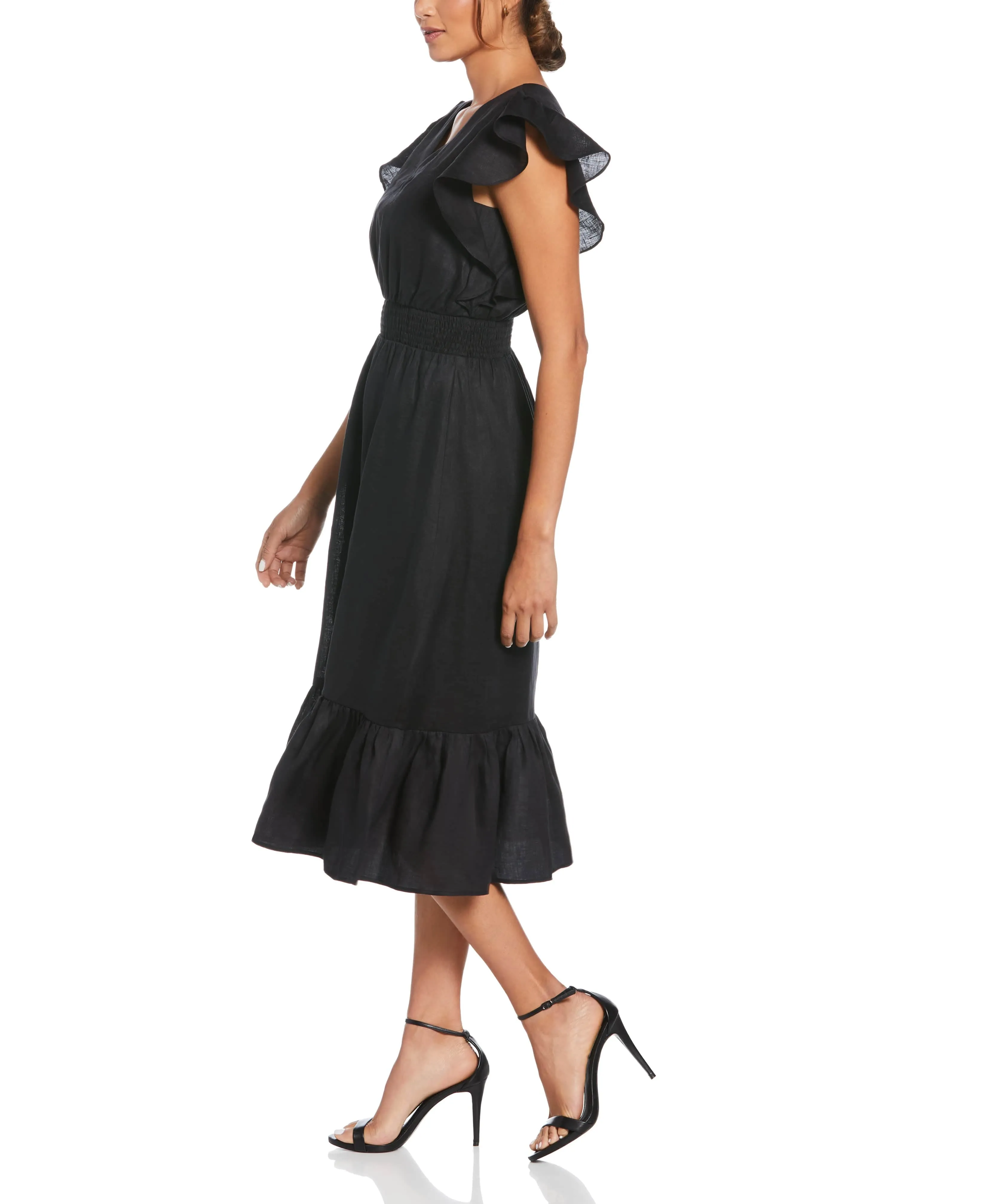 Linen V-Neck Ruffle Sleeve Maxi Dress
