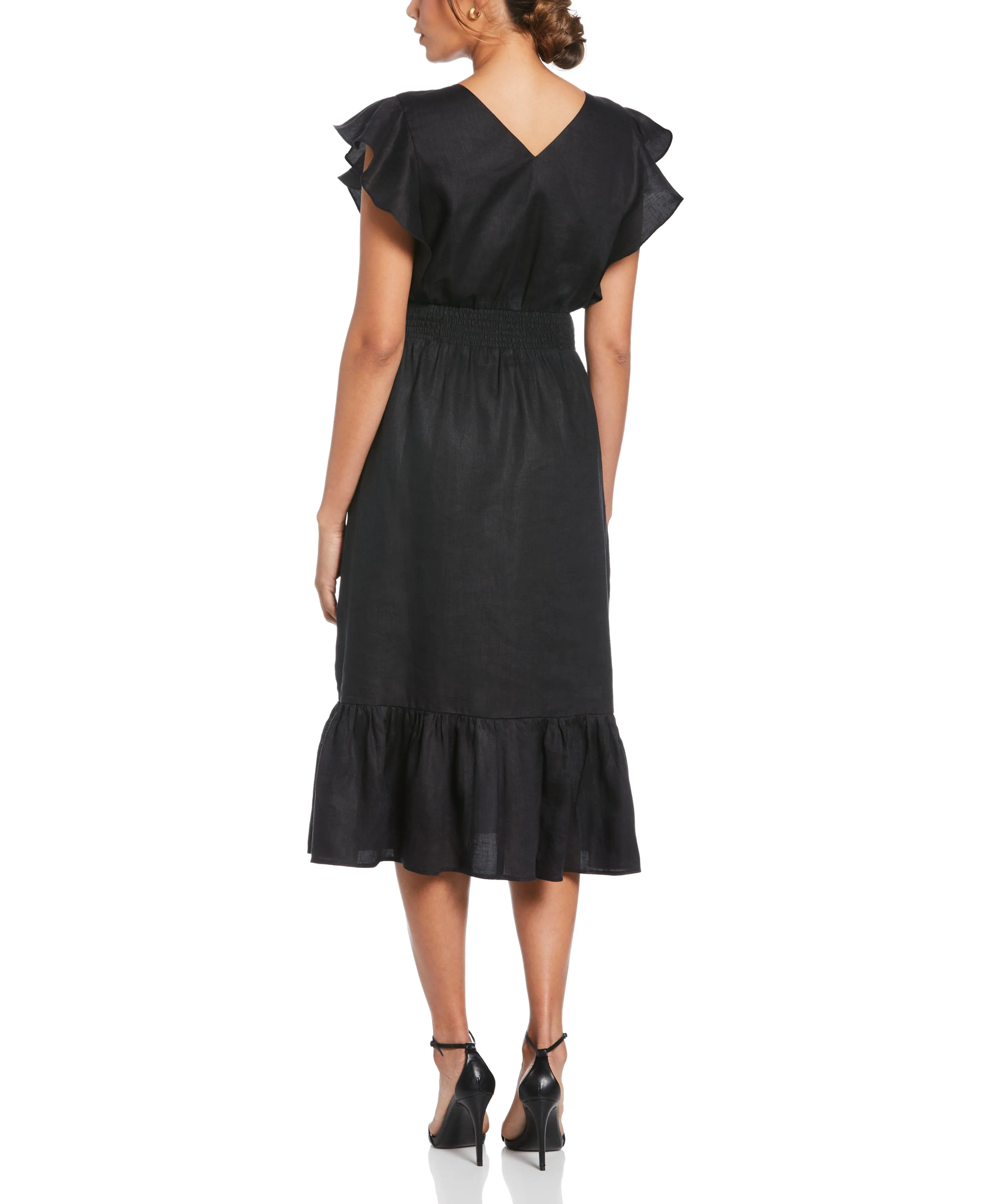 Linen V-Neck Ruffle Sleeve Maxi Dress