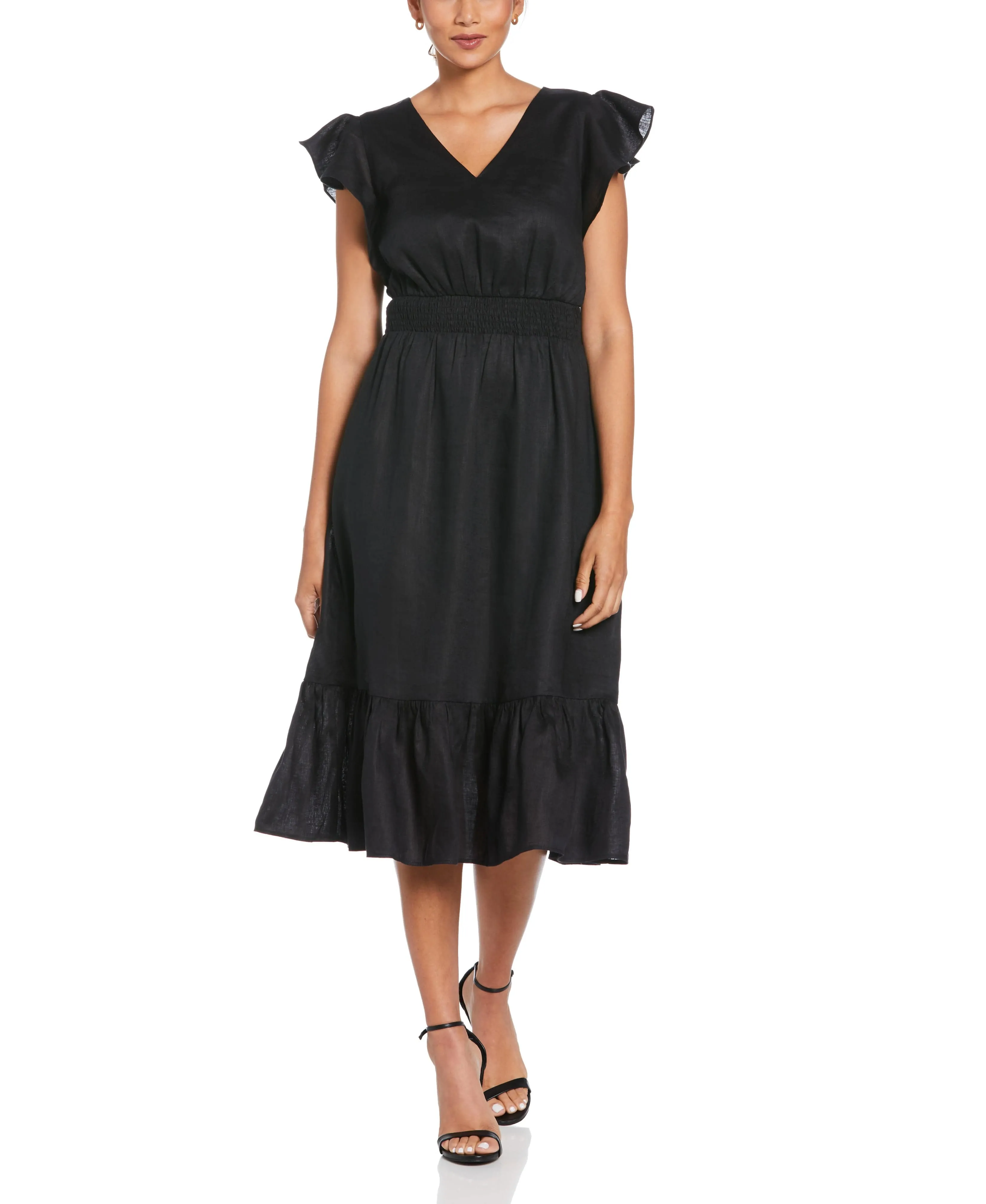Linen V-Neck Ruffle Sleeve Maxi Dress