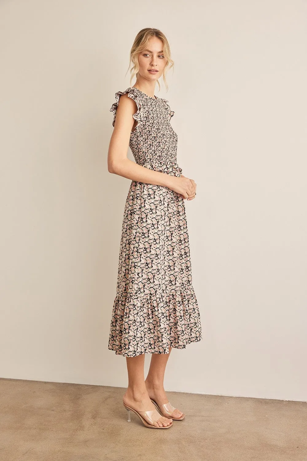 Luna Floral Smocked Ruffled Midi Dress