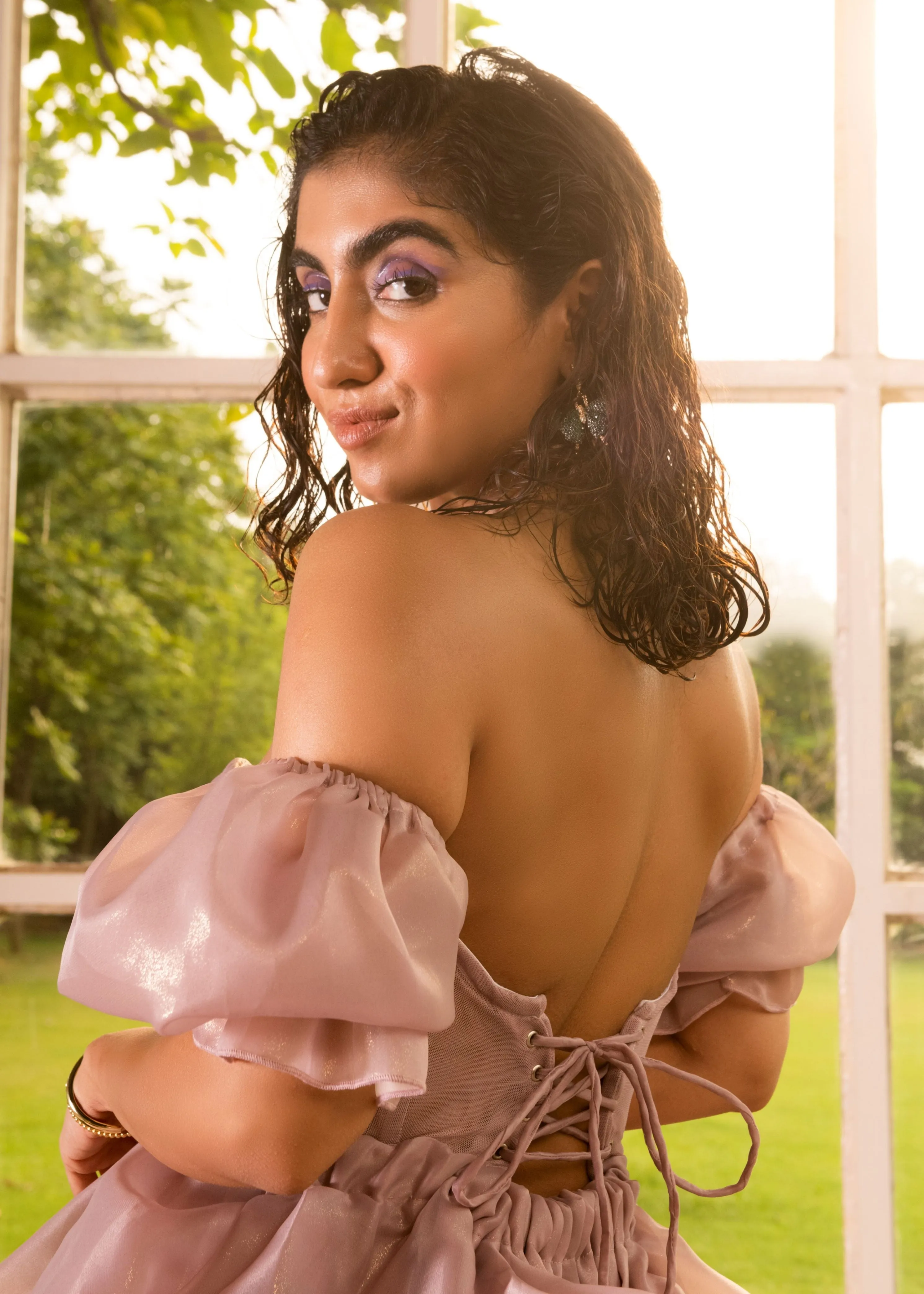 Madeleine Mauve Glitter Organza Corset Dress