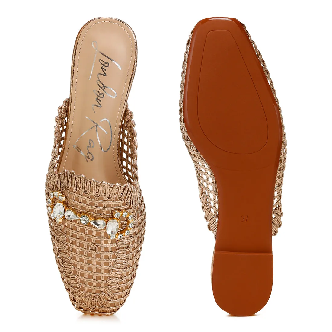 Metallic Woven Diamante Mules