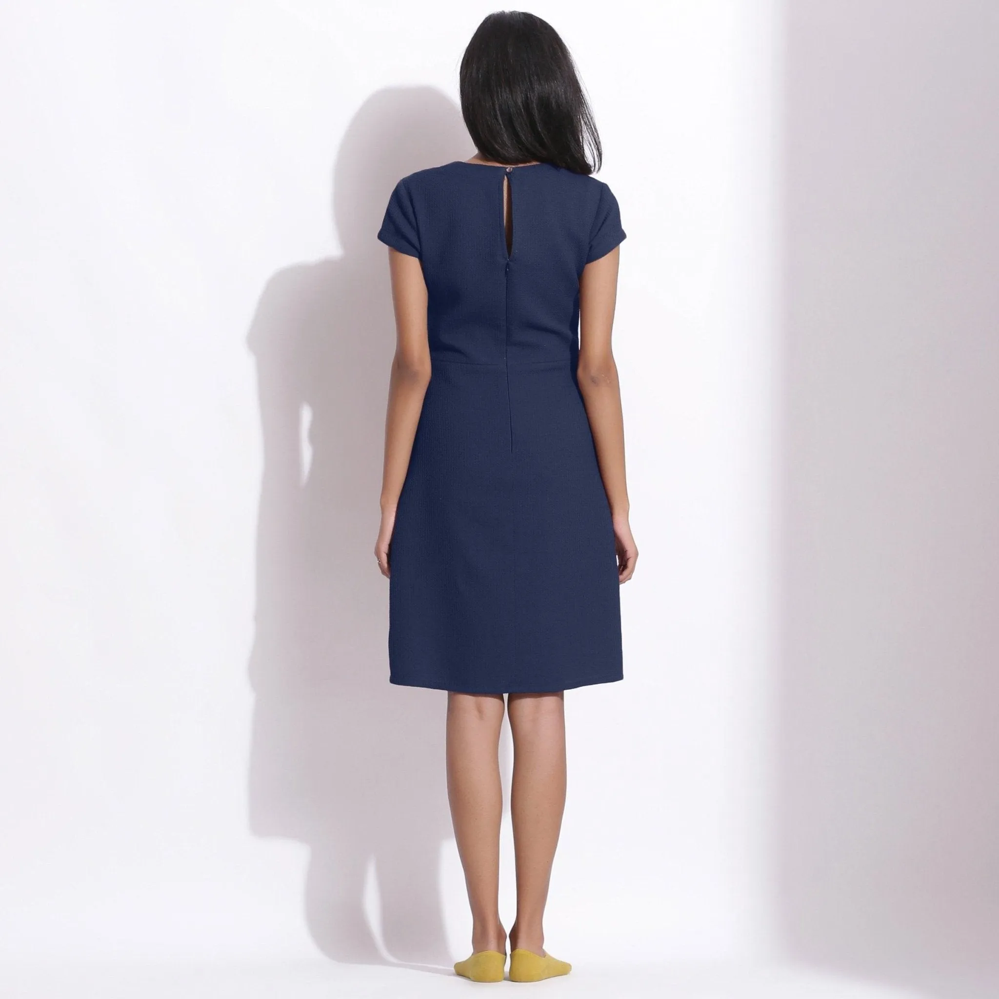 Navy Blue Warm Cotton Waffle Knee Length Paneled Dress