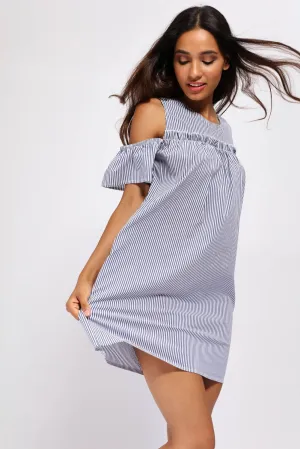 Navy/White Stripe Cold Shoulder Frilly Dress