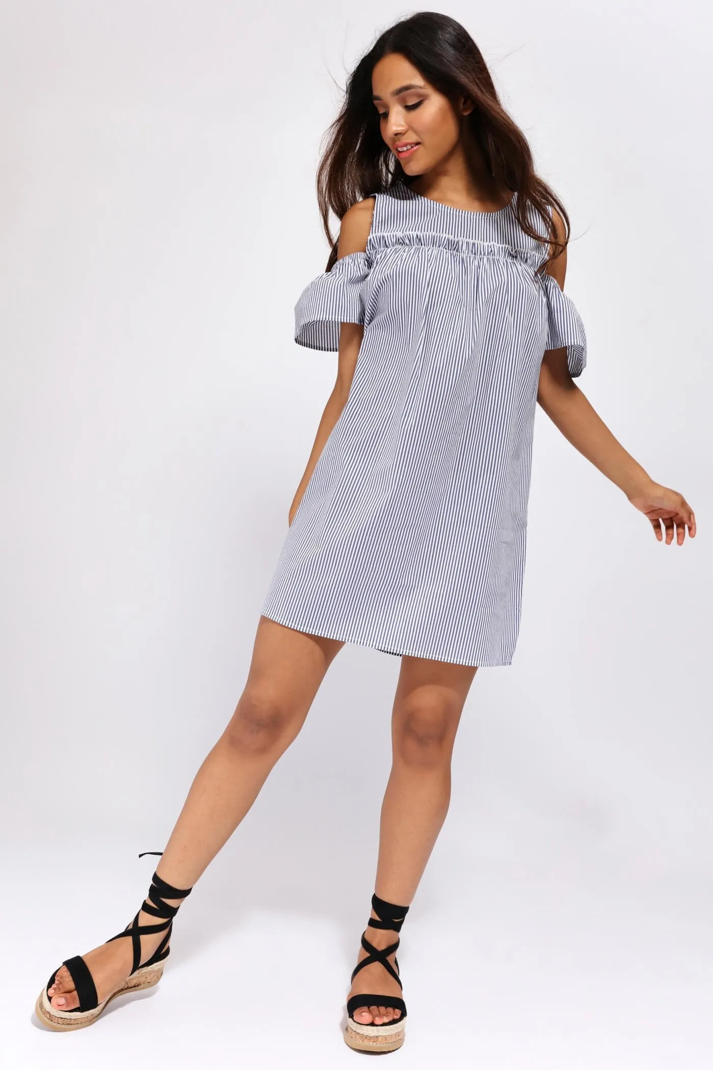 Navy/White Stripe Cold Shoulder Frilly Dress