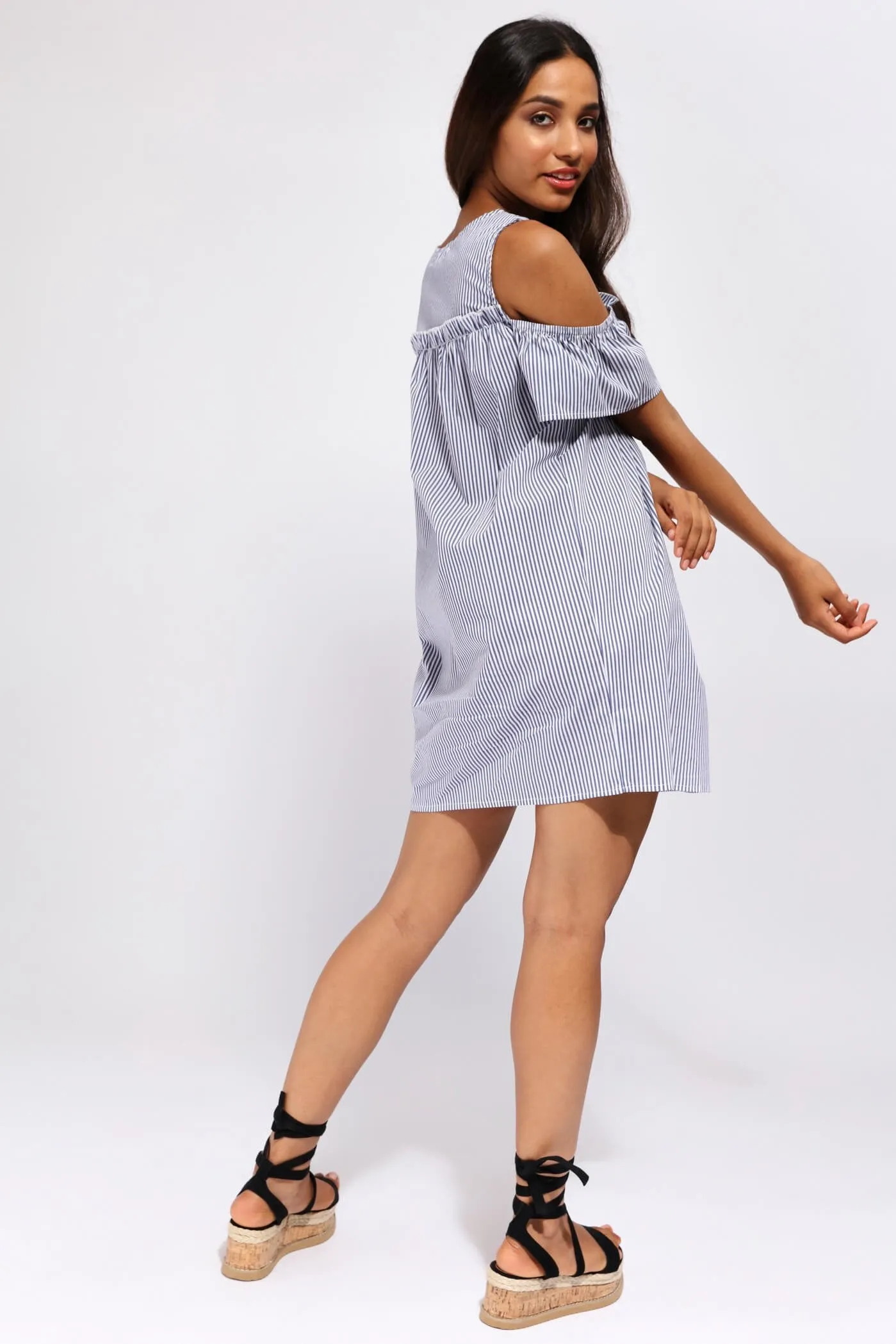 Navy/White Stripe Cold Shoulder Frilly Dress