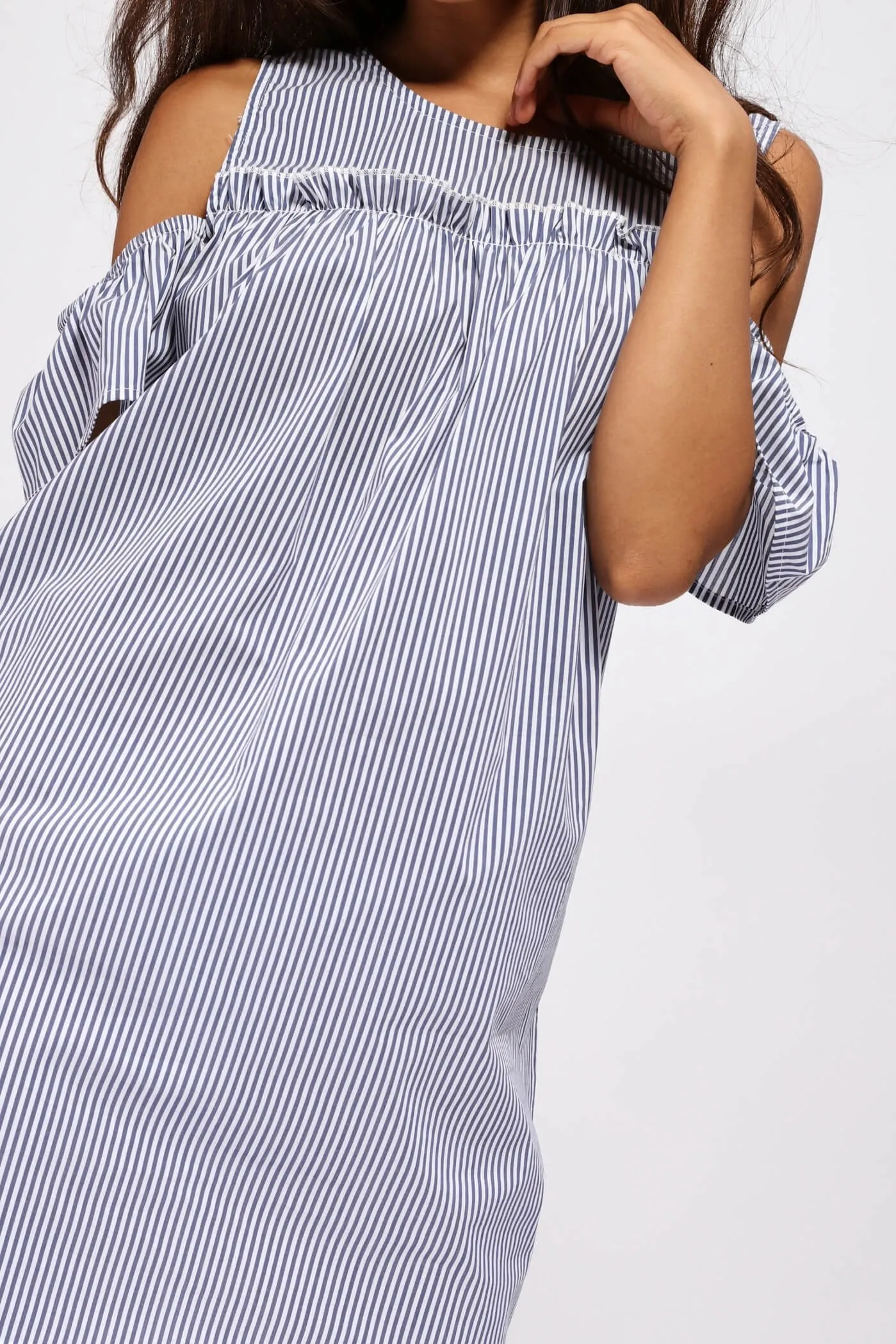 Navy/White Stripe Cold Shoulder Frilly Dress