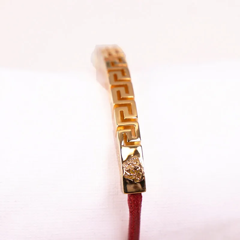 NEW $395 VERSACE RUNWAY Red Cotton Cinch Fastening Gold GRECA LOGO BRACELET NIB
