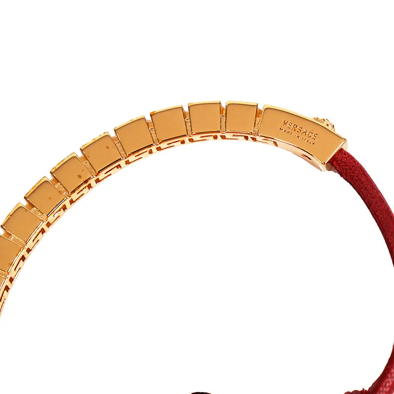 NEW $395 VERSACE RUNWAY Red Cotton Cinch Fastening Gold GRECA LOGO BRACELET NIB