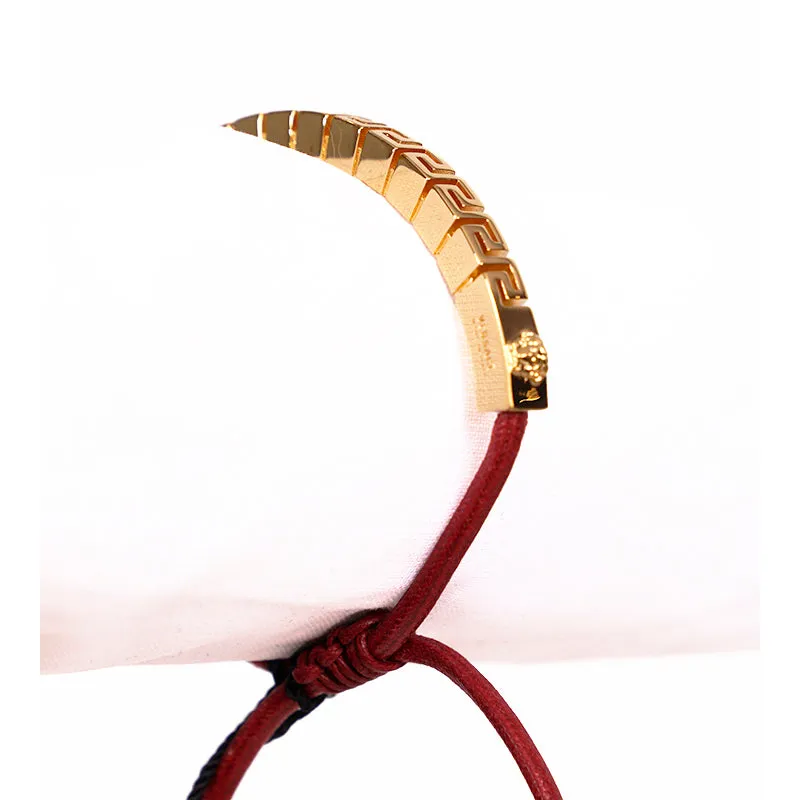 NEW $395 VERSACE RUNWAY Red Cotton Cinch Fastening Gold GRECA LOGO BRACELET NIB
