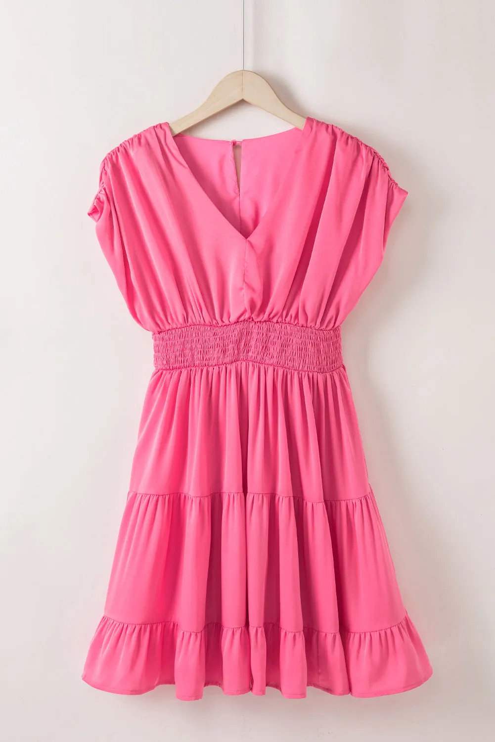 Nora Ruched Sleeve V Neck Smock Waist Tiered Ruffled Dress