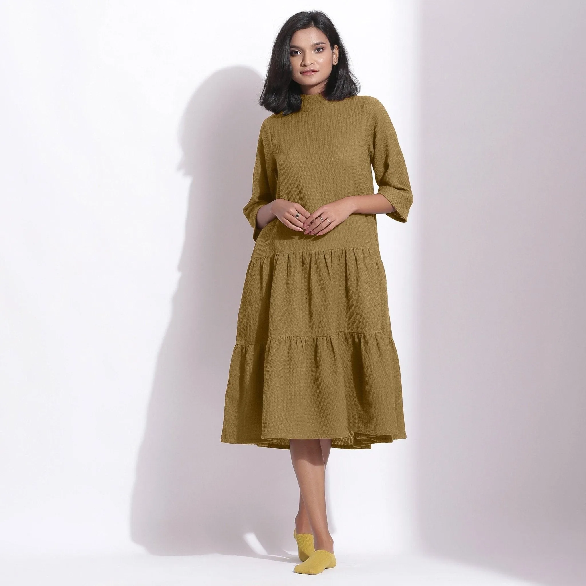 Olive Green Warm Cotton Waffle High Neck Midi Dress