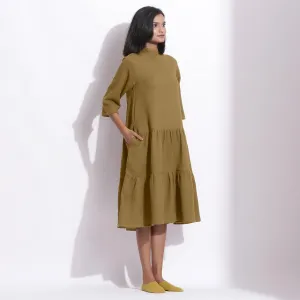 Olive Green Warm Cotton Waffle High Neck Midi Dress