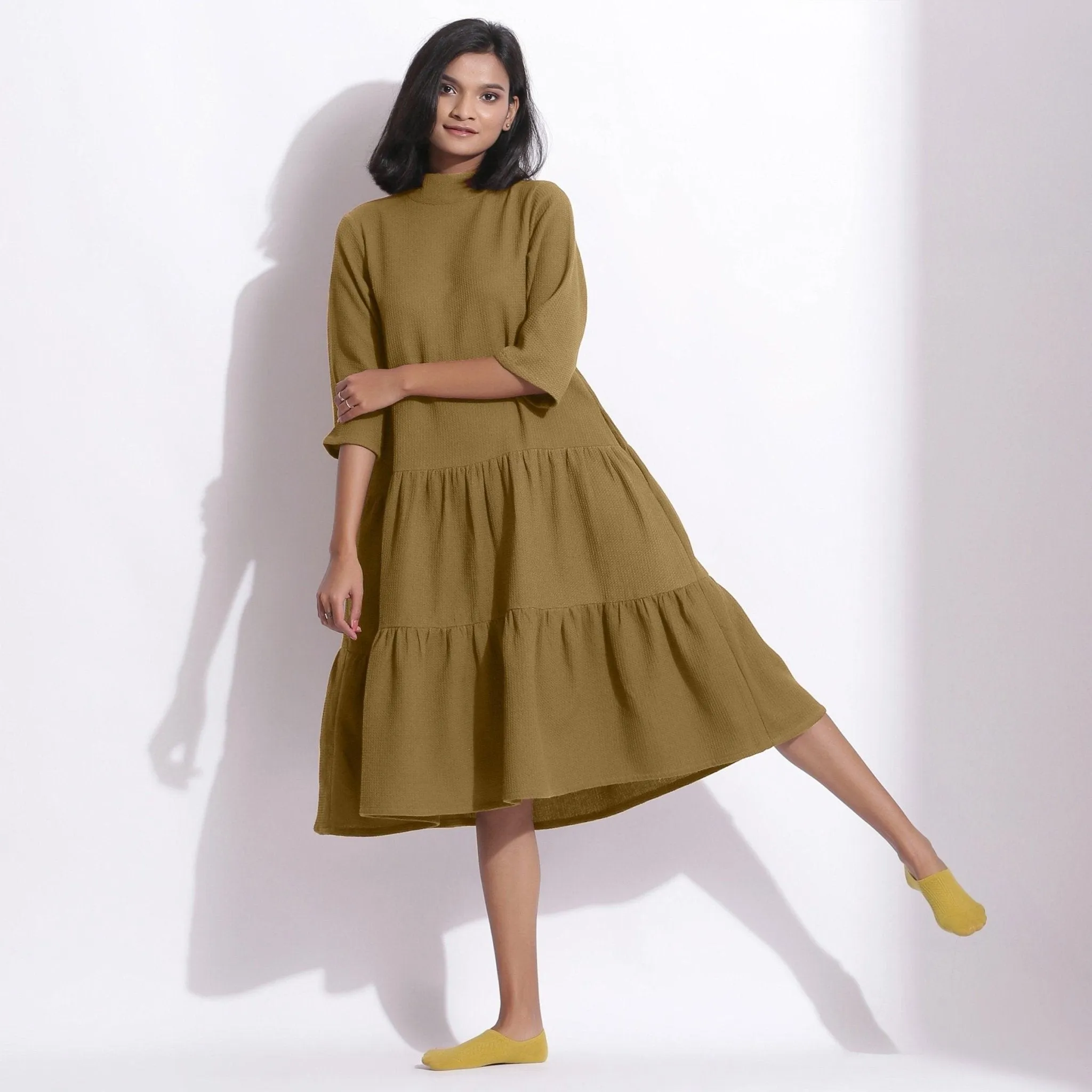 Olive Green Warm Cotton Waffle High Neck Midi Dress