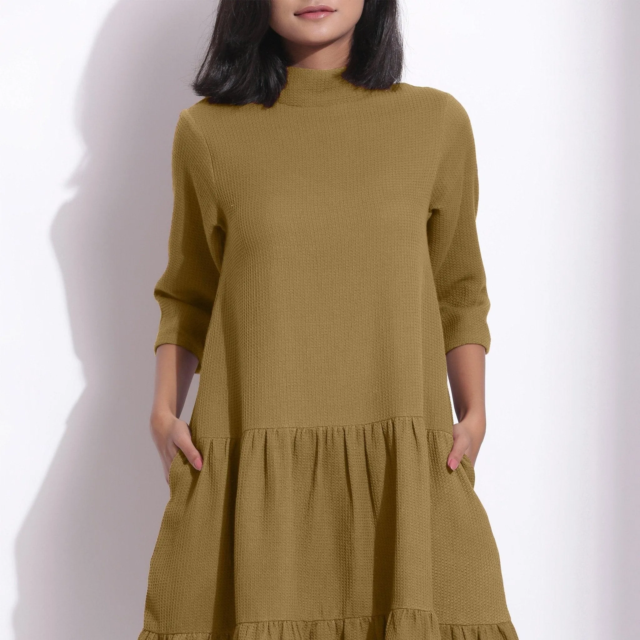 Olive Green Warm Cotton Waffle High Neck Midi Dress