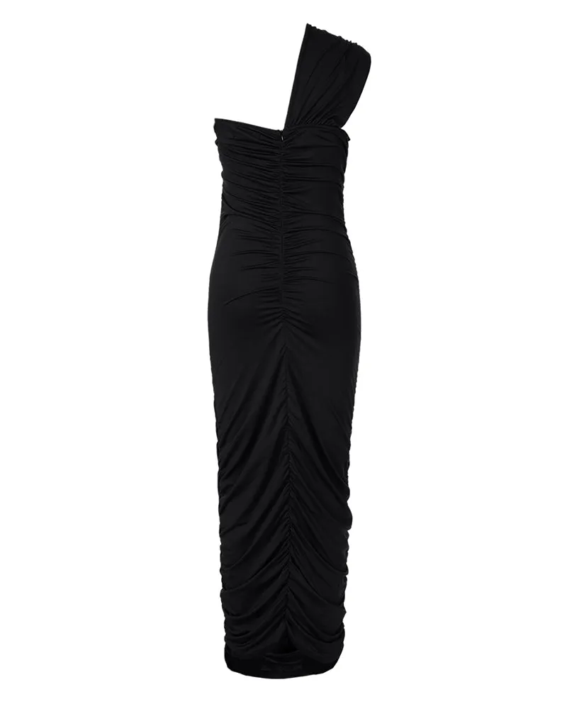 One Shoulder Sleeveless Ruched Bodycon Dress