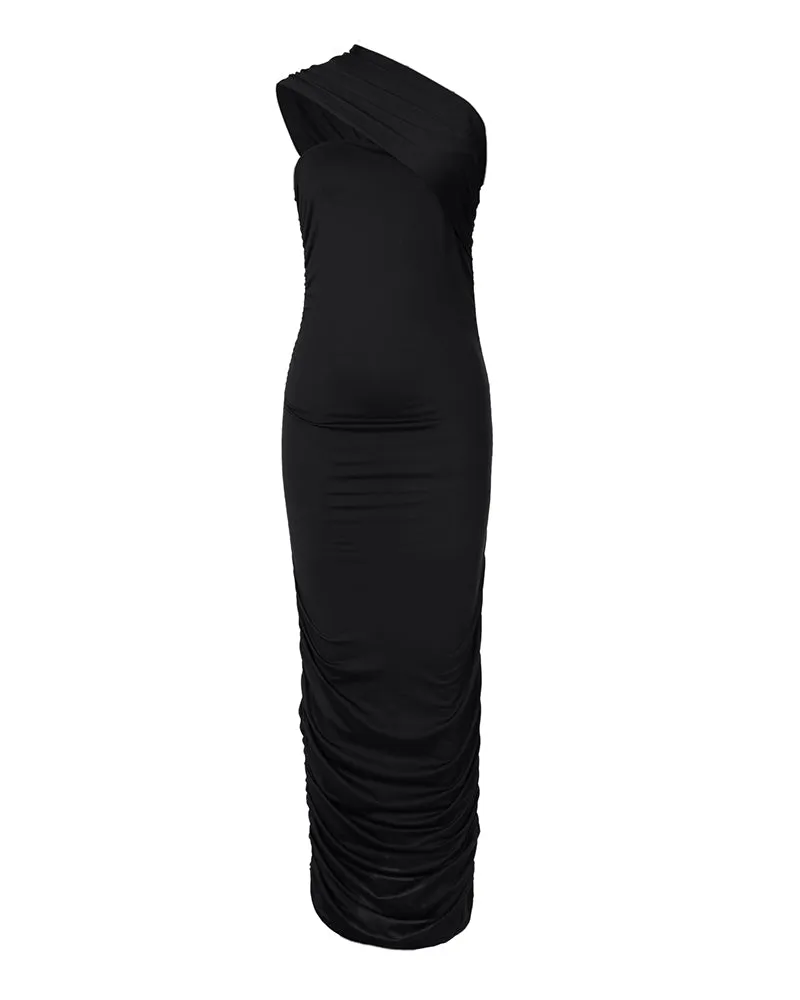 One Shoulder Sleeveless Ruched Bodycon Dress