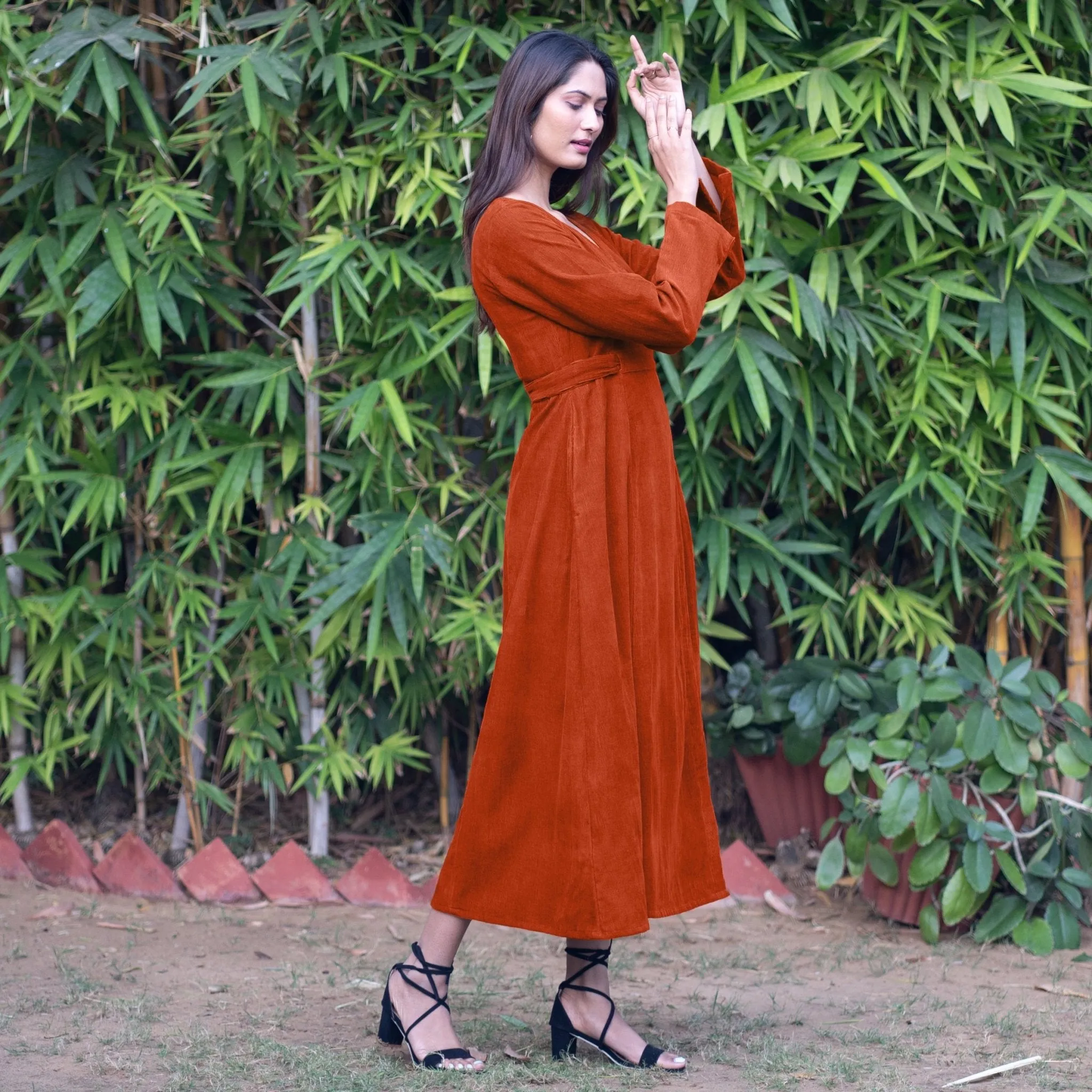 Orange Warm Cotton Corduroy Deep Neck Midi Wrap Dress