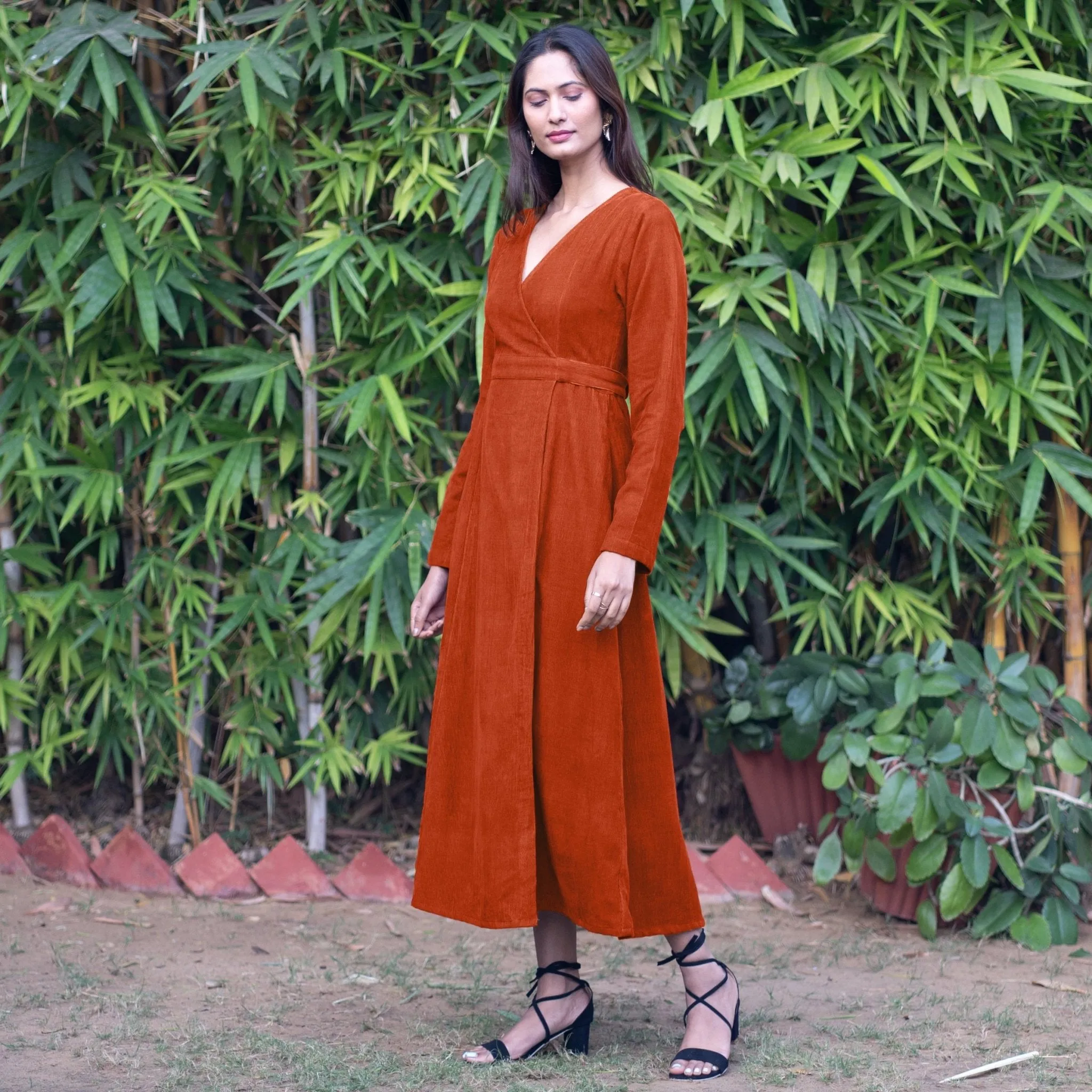 Orange Warm Cotton Corduroy Deep Neck Midi Wrap Dress