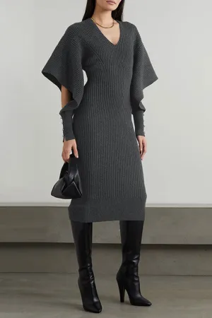 Oversized Cutout Buttoned Long Sleeve V Neck Rib Knit Sweater Mini Dress - Dark Gray