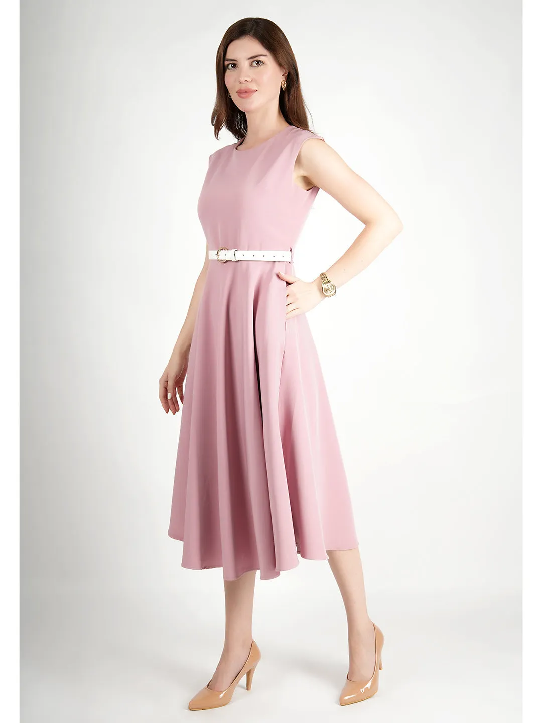 Pink Blended Fabric Warmth Fit & Flare Dress With Belt
