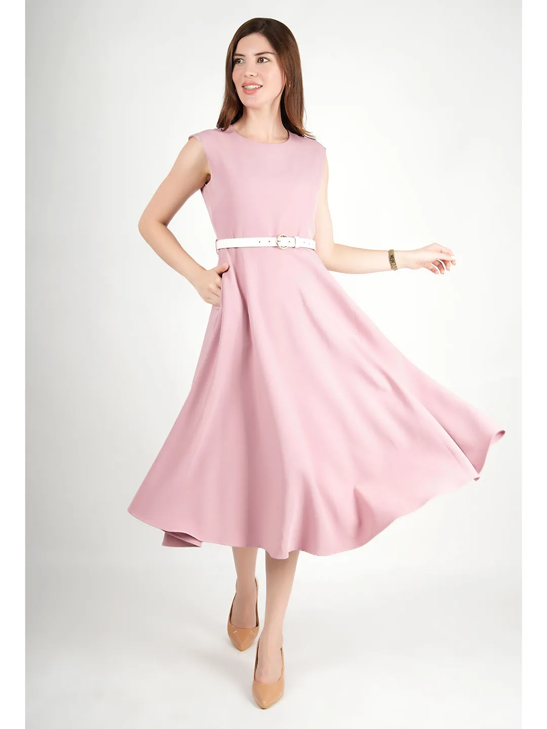 Pink Blended Fabric Warmth Fit & Flare Dress With Belt
