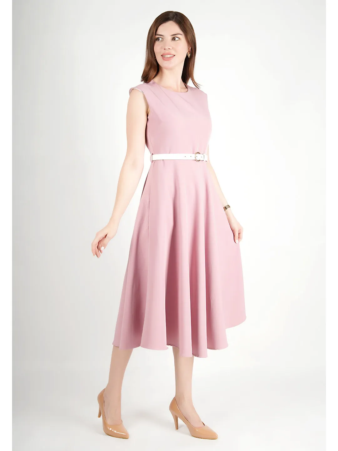 Pink Blended Fabric Warmth Fit & Flare Dress With Belt