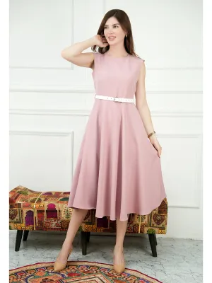 Pink Blended Fabric Warmth Fit & Flare Dress With Belt
