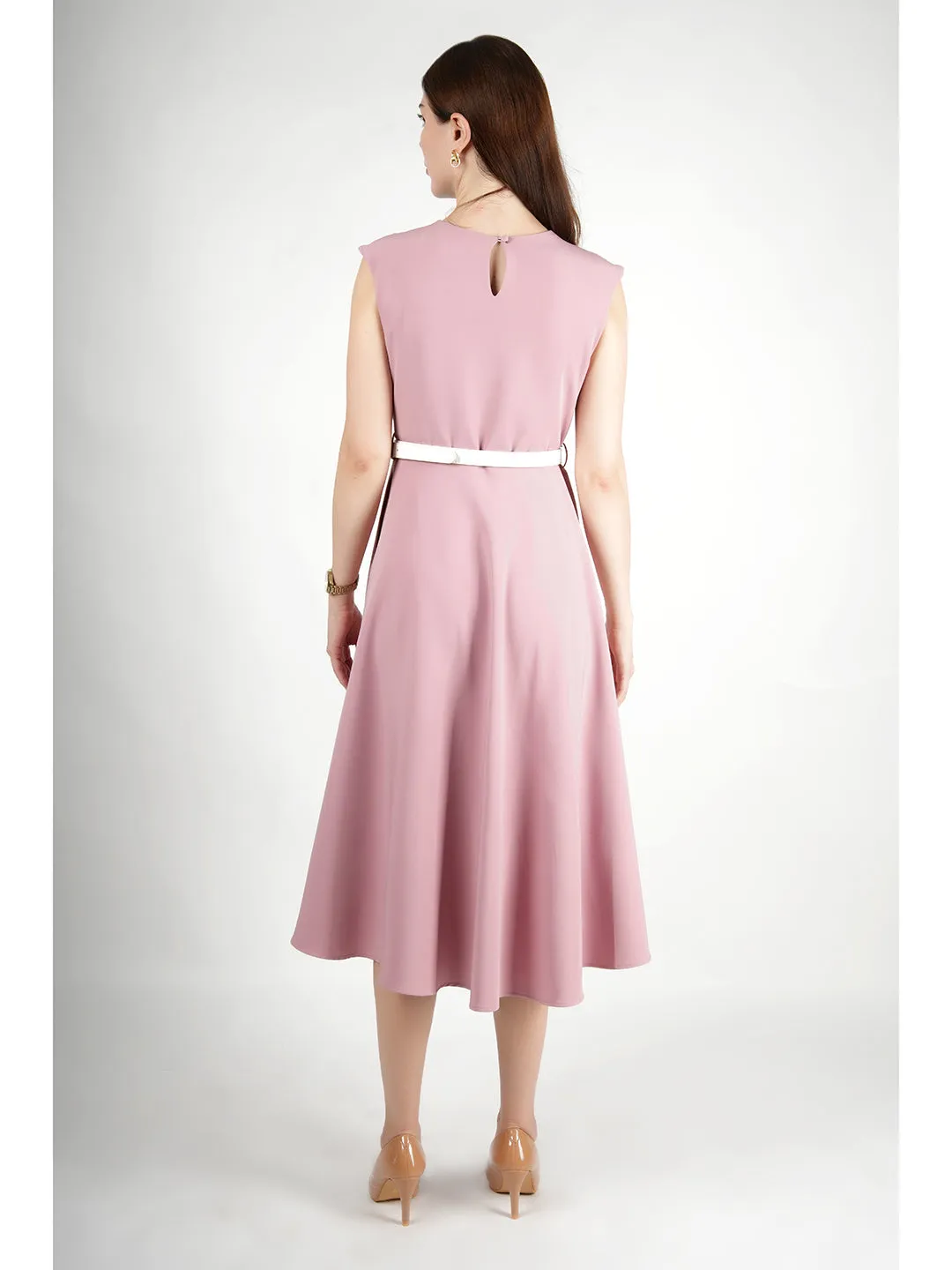 Pink Blended Fabric Warmth Fit & Flare Dress With Belt