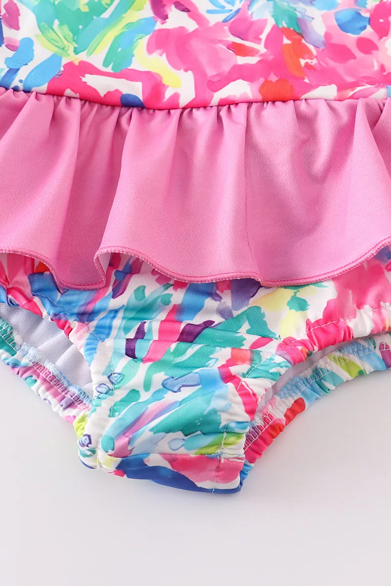 Pink floral print smocked one-piece girl swimsuit
