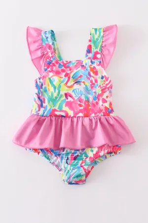 Pink floral print smocked one-piece girl swimsuit