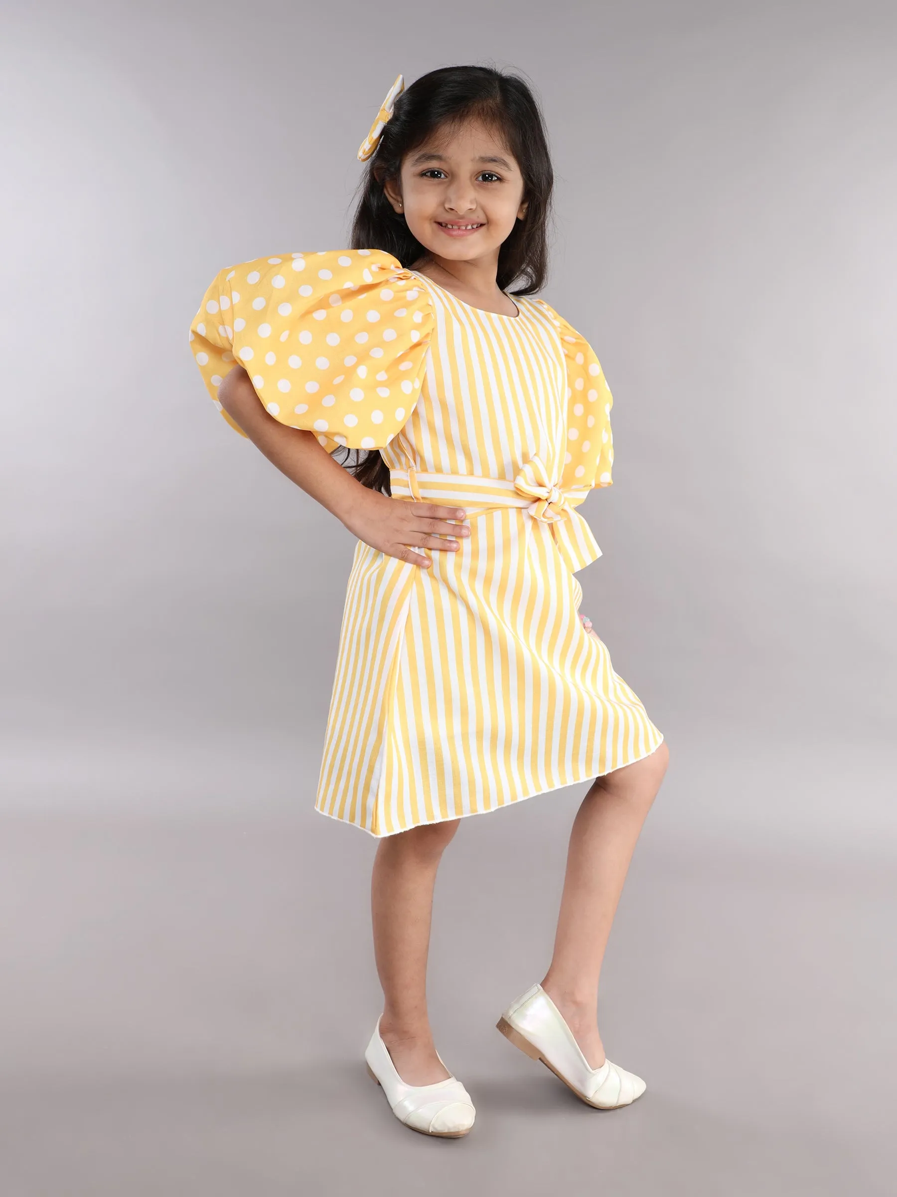 PinkChick Puff Sleeves Aline Dress -Yellow