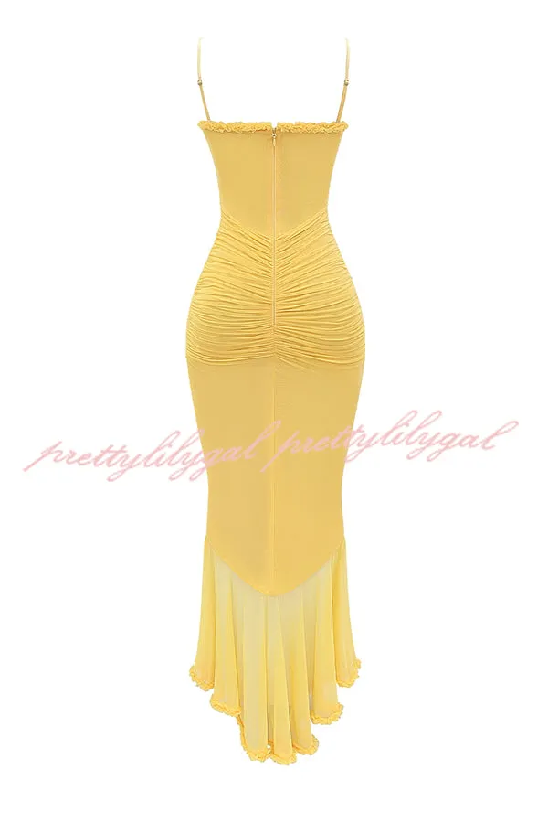 Retro Romantic Style Mesh Ruffle Trim Ruched Slit High Low Maxi Dress