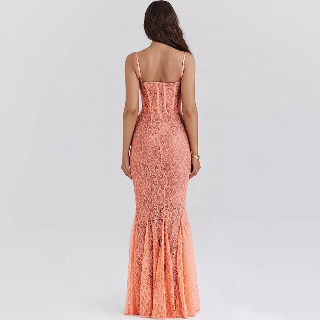 Romantic Floral Lace Bustier Spaghetti Strap Bodycon Godet Fishtail Maxi Dress
