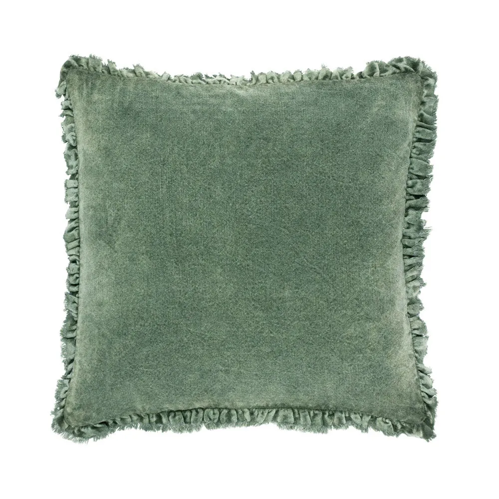 Ruffled Velvet Cushion in Moss Green