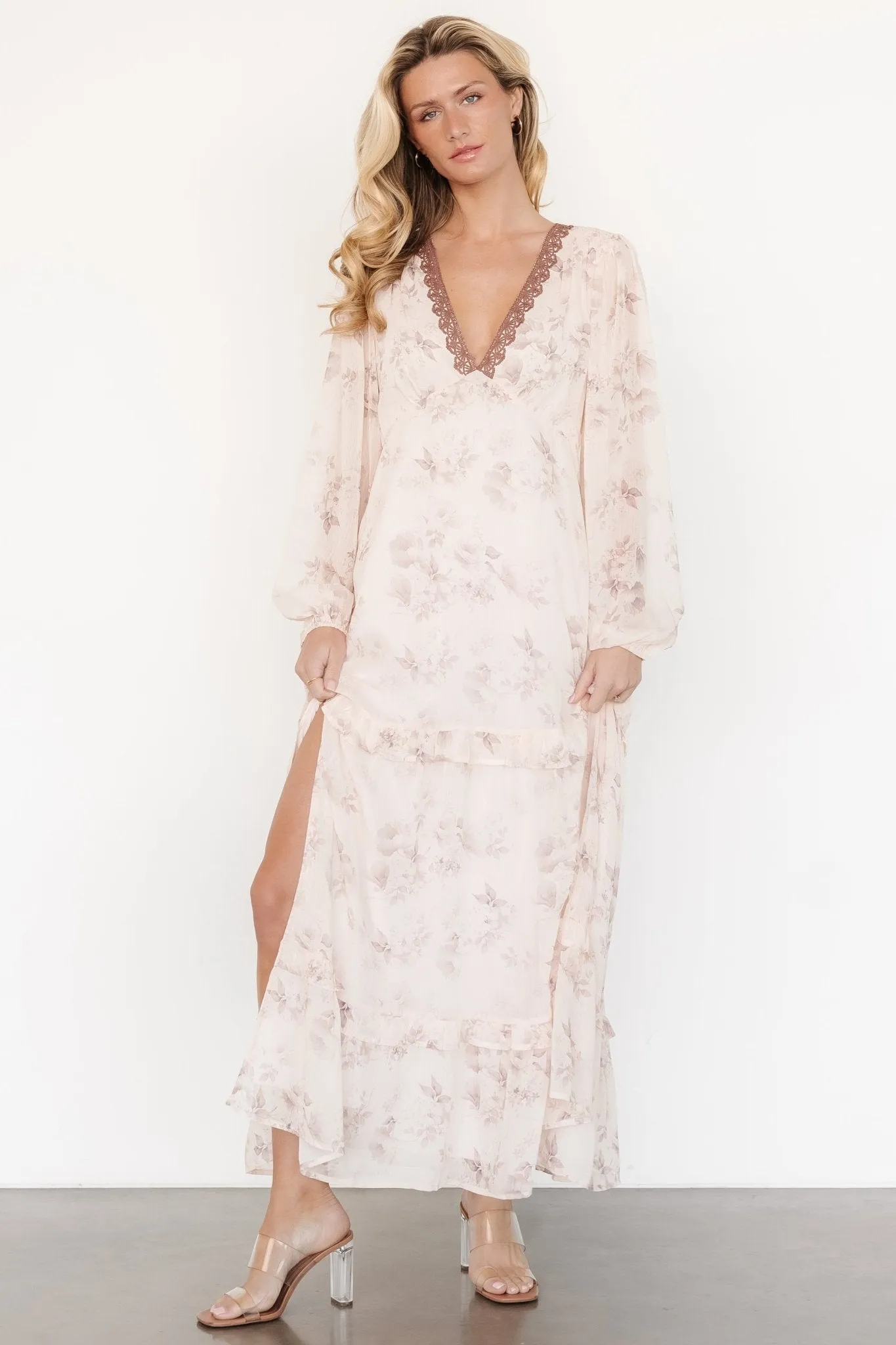 Rumi Deep V Maxi Dress | Beige   Clove Floral