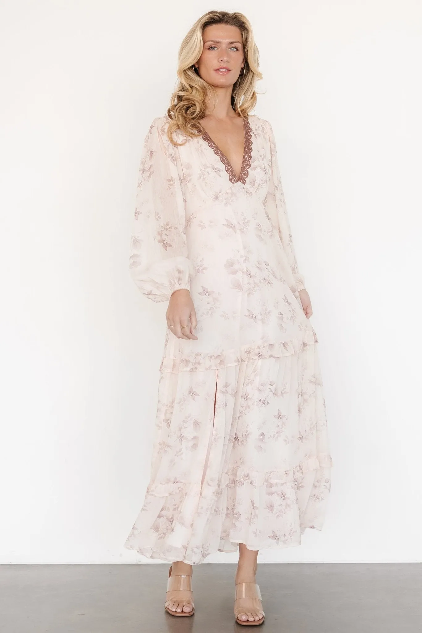 Rumi Deep V Maxi Dress | Beige   Clove Floral