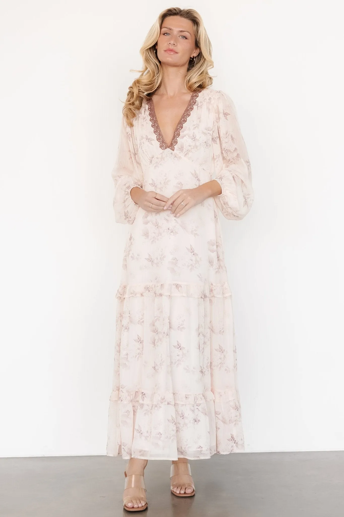 Rumi Deep V Maxi Dress | Beige   Clove Floral