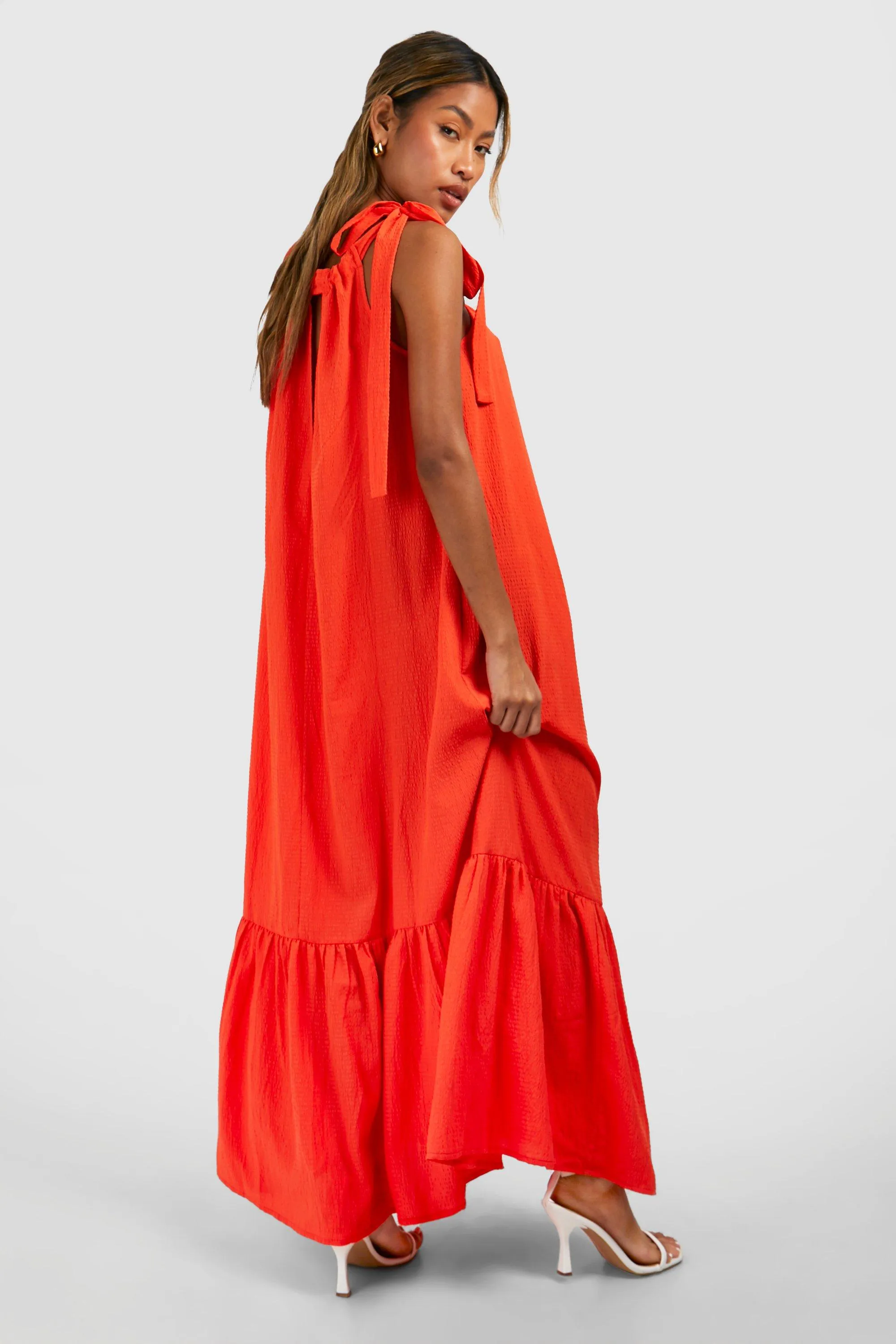 Seersucker tier hem maxi dress in orange
