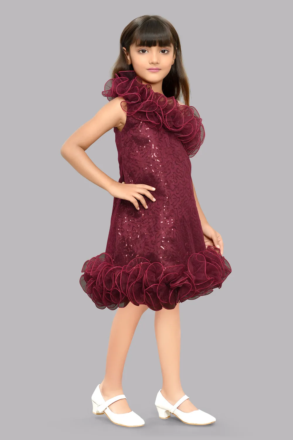 Sequined Aline Ruffled Dress -Burgundy