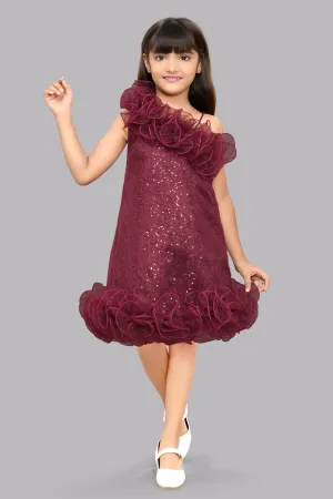 Sequined Aline Ruffled Dress -Burgundy