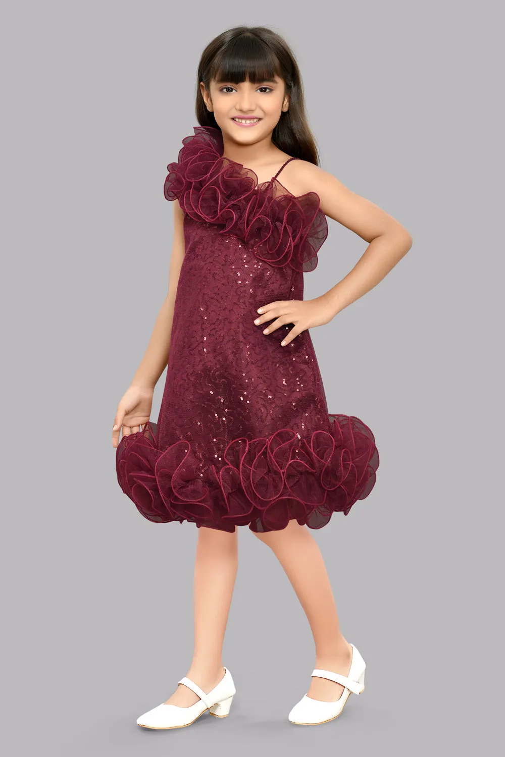 Sequined Aline Ruffled Dress -Burgundy