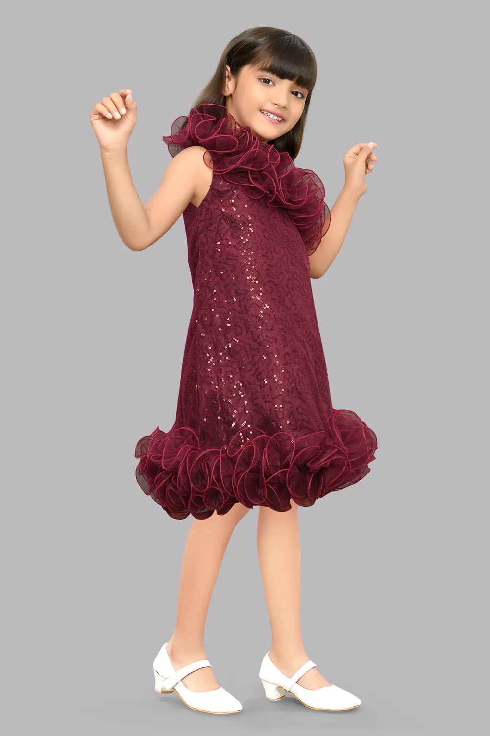 Sequined Aline Ruffled Dress -Burgundy
