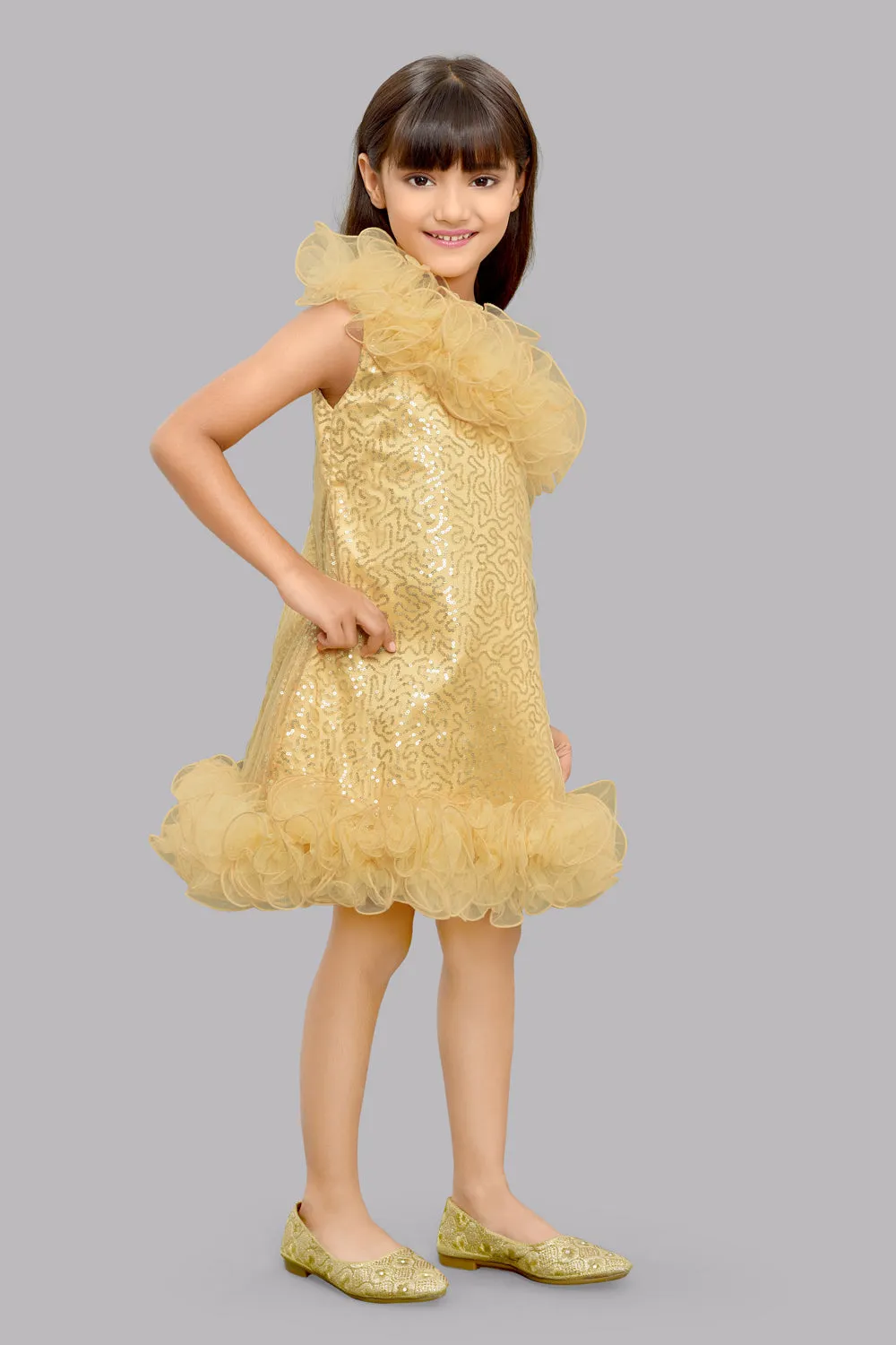 Sequined Aline Ruffled Dress -Gold