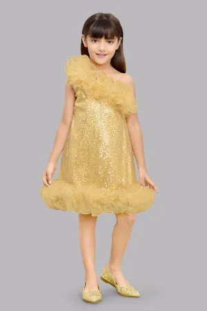 Sequined Aline Ruffled Dress -Gold