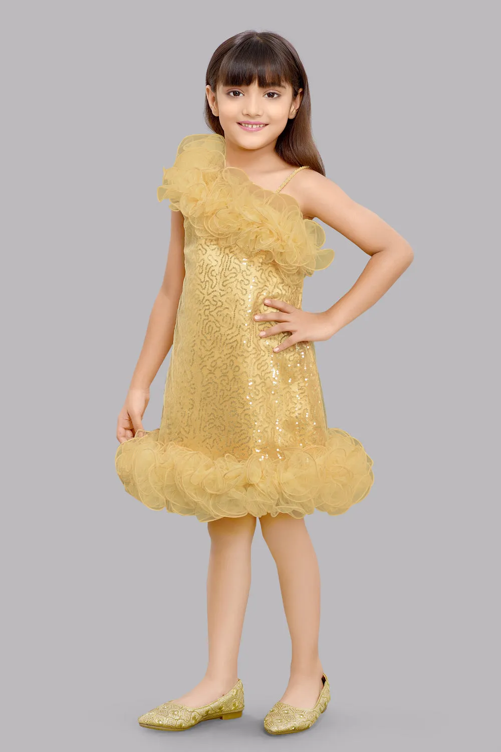 Sequined Aline Ruffled Dress -Gold