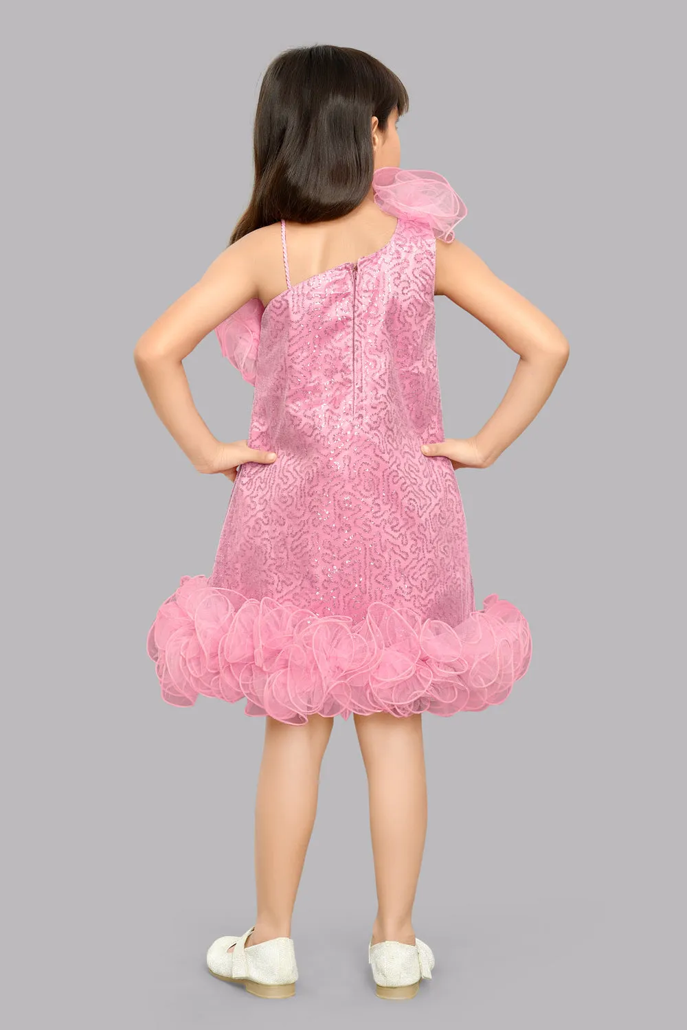 Sequined Aline Ruffled Dress -Rose Pink
